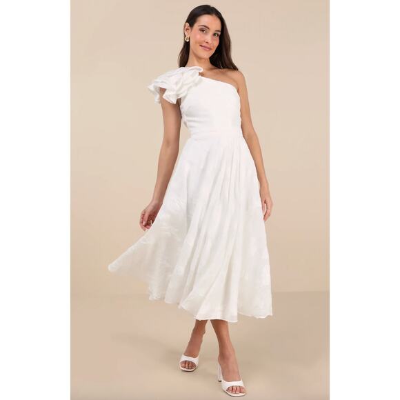 Lulu's Dresses & Skirts - Lulus Sweet Definition White Burnout Ruffled One-Shoulder Midi Dress Large NWT